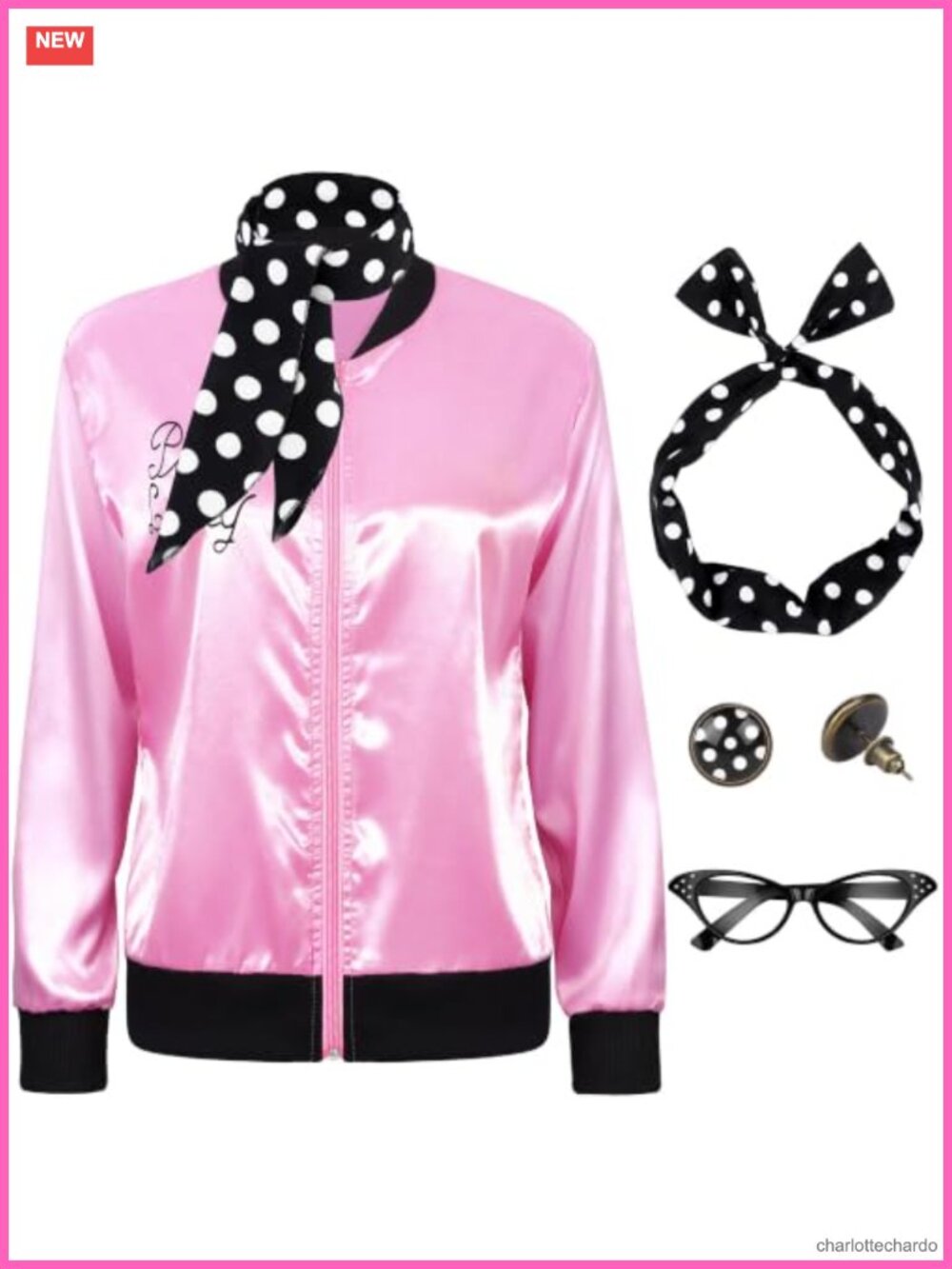 1950s Women Satin Jacket Costume Set with Polka Dot Scarf Glasses Headband